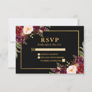 Elegant Burgundy Floral Wedding Black Gold RSVP