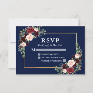 Elegant Burgundy Floral Wedding Blue Gold Lijst RSVP Kaartje