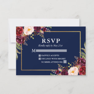 Elegant Burgundy Floral Wedding Blue Gold RSVP