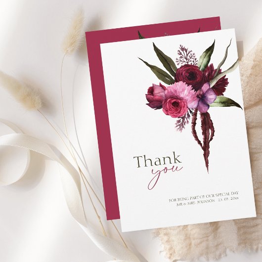 Elegant Burgundy Floral Wedding Hartelijk dank Kaart