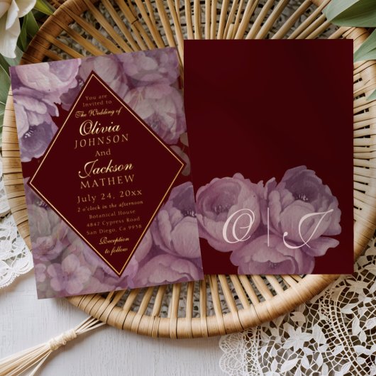 Elegant Burgundy Floral Wedding Invitation  Folie Uitnodiging