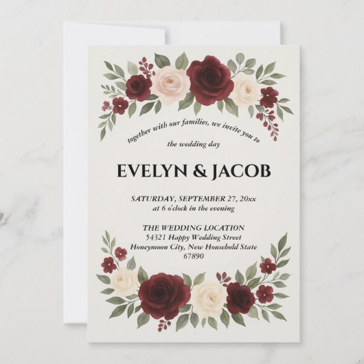Elegant Burgundy Floral Wedding Invitation Kaart (Voorkant)