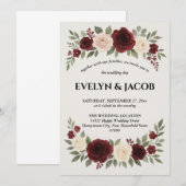 Elegant Burgundy Floral Wedding Invitation Kaart (Voorkant / Achterkant)