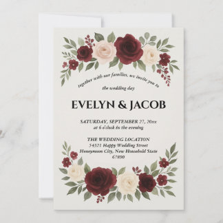 Elegant Burgundy Floral Wedding Invitation Kaart
