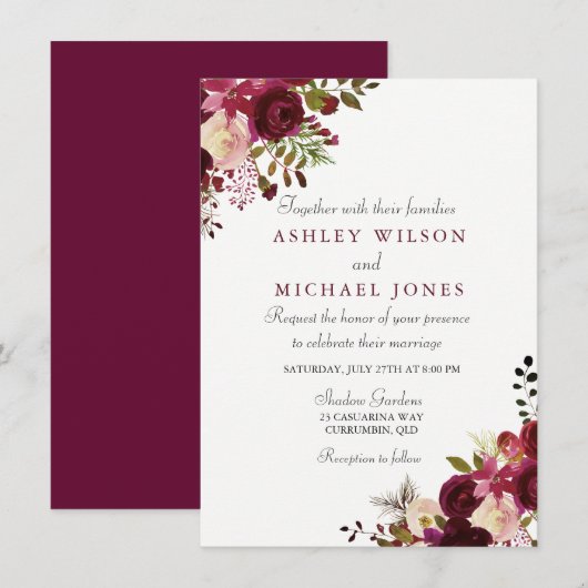 Elegant Burgundy Floral Wedding Invitation Kaart (Voorkant / Achterkant)