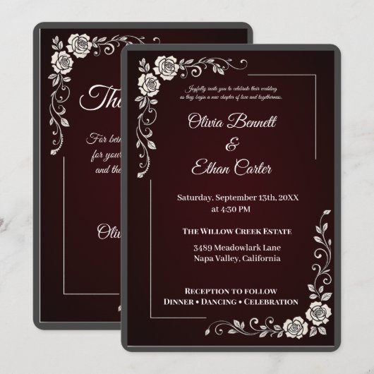Elegant Burgundy Floral Wedding Invitation Kaart (Voorkant / Achterkant)