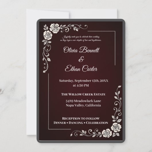 Elegant Burgundy Floral Wedding Invitation Kaart (Voorkant)