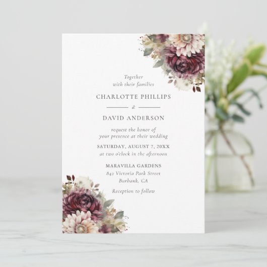 Elegant Burgundy Floral Wedding Kaart (Staand voorkant)