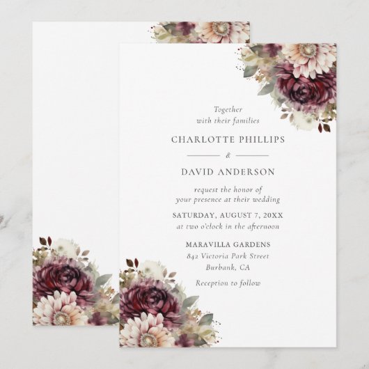 Elegant Burgundy Floral Wedding Kaart (Voorkant / Achterkant)
