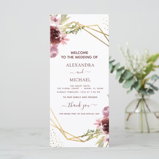 Elegant Burgundy Floral Wedding Programme (Staand voorkant)