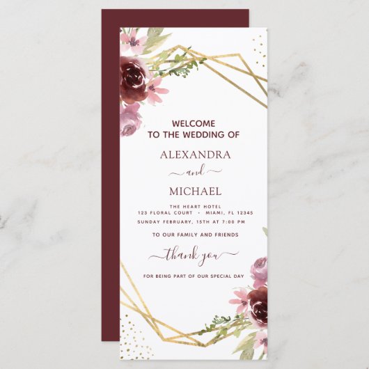 Elegant Burgundy Floral Wedding Programme (Voorkant / Achterkant)