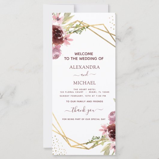 Elegant Burgundy Floral Wedding Programme (Voorkant)