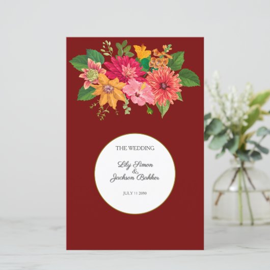 Elegant Burgundy Floral Wedding Programme (Staand voorkant)