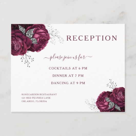 Elegant Burgundy Floral Wedding Reception Informatiekaartje (Voorkant)