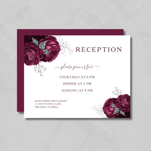 Elegant Burgundy Floral Wedding Reception Informatiekaartje
