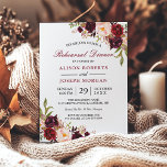 Elegant Burgundy Floral Wedding Rehearsal Dinner Kaart<br><div class="desc">Deze uitnodiging straalt een verfijnde charme uit met zijn ingewikkelde bordeaux bloemenontwerp tegen een subtiele achtergrond. De prachtige detaillering en het rijke kleurenpalet zetten de toon voor een onvergetelijke avond. Met het gemak van digitale download kunt u de uitnodiging moeiteloos personaliseren met uw evenementgegevens. Druk het thuis af om een...</div>