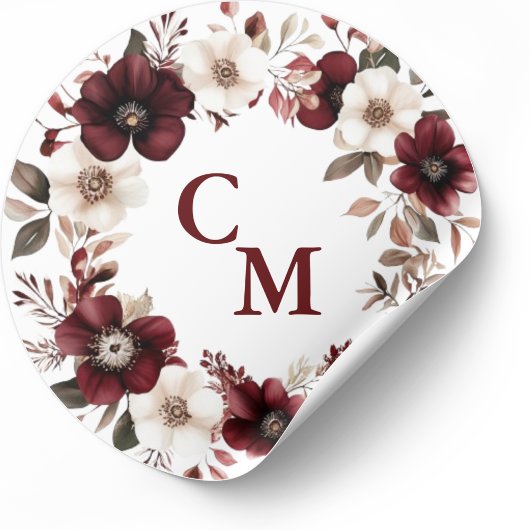 Elegant Burgundy Floral Wedding Ronde Sticker