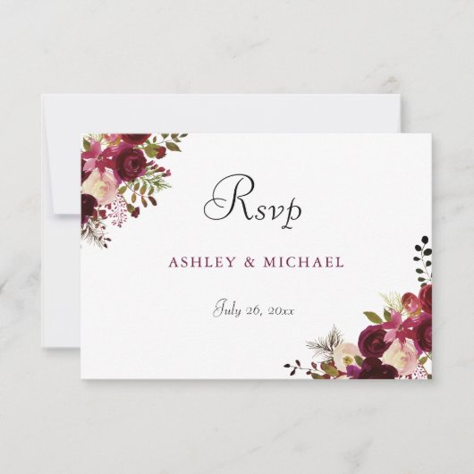 Elegant Burgundy Floral Wedding RSVP (Voorkant)