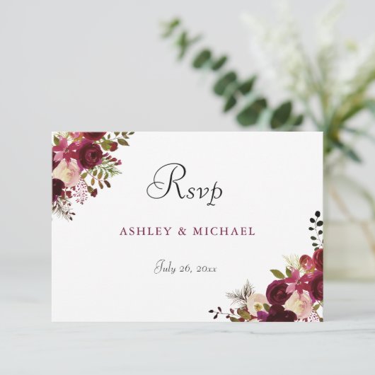 Elegant Burgundy Floral Wedding RSVP (Staand voorkant)