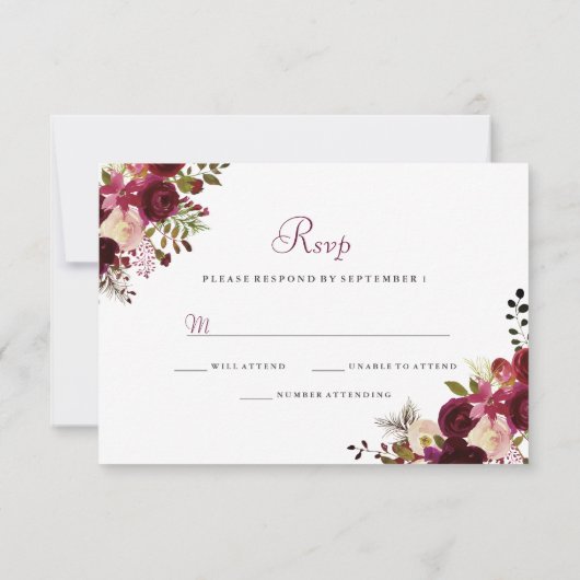 Elegant Burgundy Floral Wedding RSVP (Achterkant)