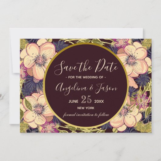 Elegant Burgundy Floral Wedding Save The Date (Voorkant)