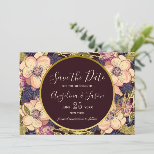 Elegant Burgundy Floral Wedding Save The Date (Staand voorkant)