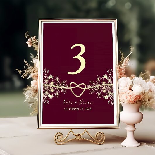 Elegant Burgundy Floral Wedding Table Number Kaart