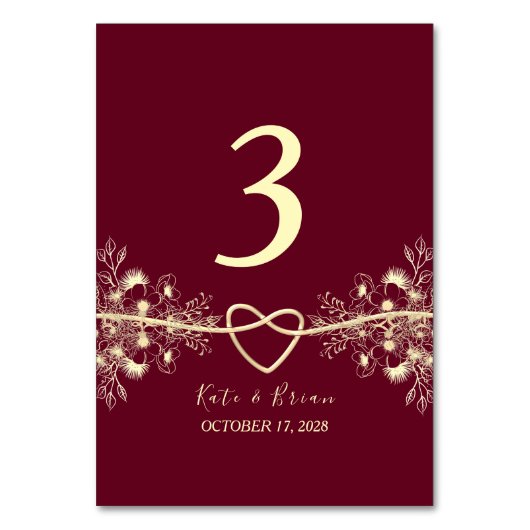 Elegant Burgundy Floral Wedding Table Number Kaart (Achterkant)