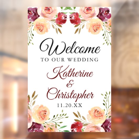 Elegant Burgundy Floral Welkom bij ons huwelijk Raamsticker (Vel 2)