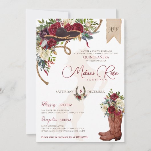 Elegant Burgundy Floral Winter Charro Quinceanera Kaart (Voorkant)