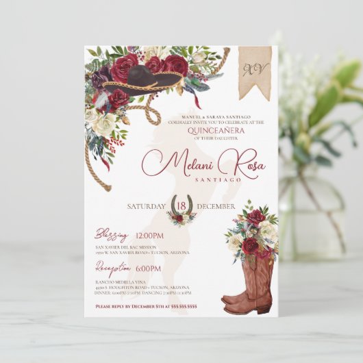 Elegant Burgundy Floral Winter Charro Quinceanera Kaart (Staand voorkant)