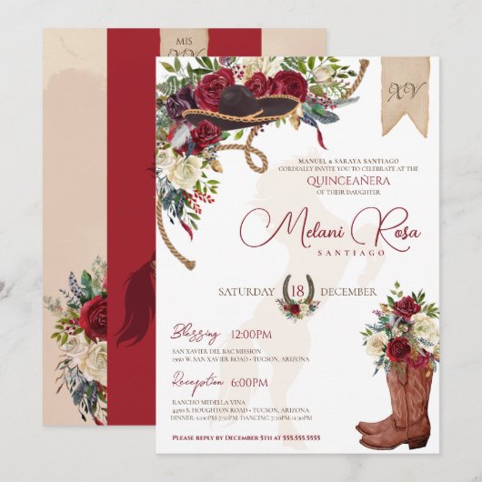 Elegant Burgundy Floral Winter Charro Quinceanera Kaart (Voorkant / Achterkant)