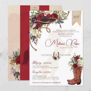 Elegant Burgundy Floral Winter Charro Quinceanera Kaart
