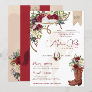 Elegant Burgundy Floral Winter Charro Quinceanera Kaart