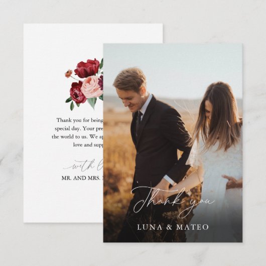 Elegant Burgundy Flower Photo Weddenschap Hartelij Bedankkaart (Voorkant / Achterkant)