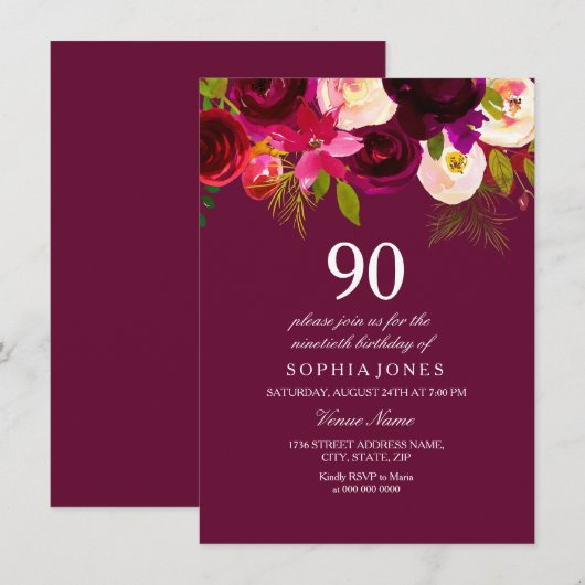Elegant Burgundy Flowers 90th Birthday Invite Kaart (Voorkant / Achterkant)