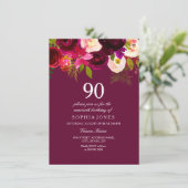 Elegant Burgundy Flowers 90th Birthday Invite Kaart (Staand voorkant)