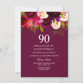 Elegant Burgundy Flowers 90th Birthday Invite Kaart (Voorkant)