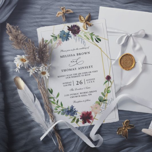 Elegant Burgundy Flowers Budget QR Code Wedding Kaart