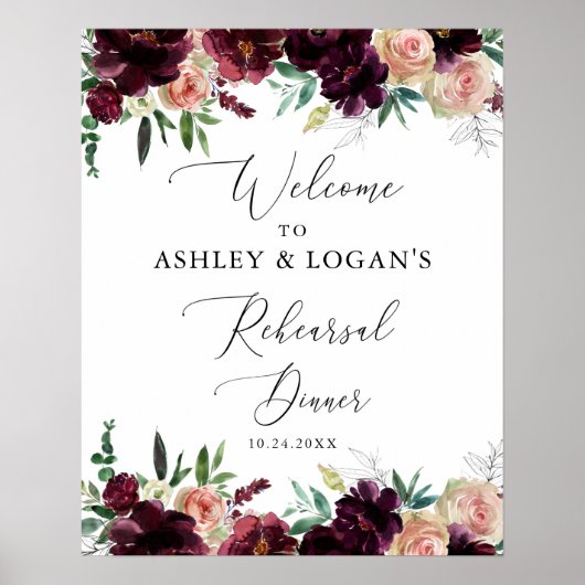 Elegant Burgundy Flowers Rehearsal Dinner Welcome Poster (Voorkant)