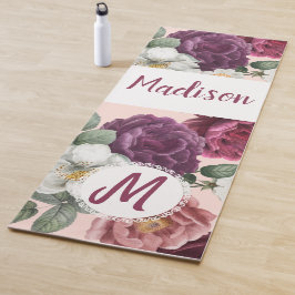 Elegant Burgundy Flowers Trendy Monogram Yoga Mat