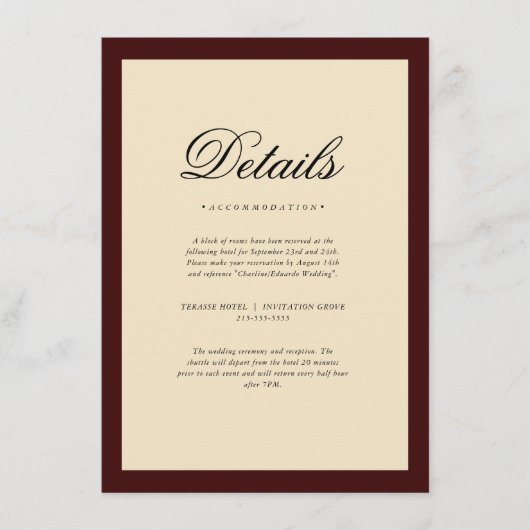 Elegant Burgundy Frame Wedding Details Informatiekaartje (Voorkant)