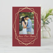 Elegant Burgundy Geometric Gold Lijst Wedding Save The Date (Staand voorkant)