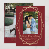 Elegant Burgundy Geometric Gold Lijst Wedding Save The Date (Voorkant / Achterkant)