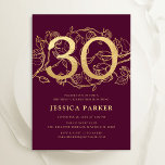 Elegant Burgundy Gold 30e verjaardag Kaart<br><div class="desc">Elegante bordeaux maroon goud 30e verjaardag feestuitnodiging.  donkerrood marsala wijnontwerp met rozen botanische accenten en typografie script lettertype. Eenvoudige bloemenuitnodigingskaart perfect voor een stijlvol vrouwen dagfeest. Personaliseer met je eigen gegevens. Gedrukte Zazzle-uitnodigingen of direct download digitale afdrukbare sjabloon.</div>
