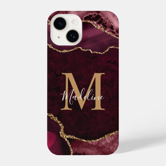 Elegant Burgundy Gold Agate Geode Monogram iPhone Hoesje (Achterkant)