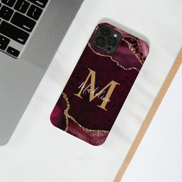 Elegant Burgundy Gold Agate Geode Monogram iPhone 14 Hoesje