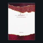 Elegant Burgundy & Gold Agate Wedding Advieskaart<br><div class="desc">Viel in stijl met deze moderne en trendy advieskaarten. Het ontwerp is voorzien van een waterverf-schotweddachtig en goudglitter agate achtergrond met de bijbehorende handgeschreven lettertypeformatie. Deze kaarten zullen uw gasten toestaan om een nota van raad te schrijven voor u om over jaren te houden en te lezen. De formulering is...</div>
