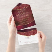Elegant Burgundy & Gold Agate Wedding All In One Uitnodiging (Afscheurbaar)