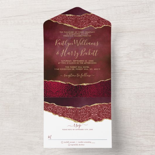 Elegant Burgundy & Gold Agate Wedding All In One Uitnodiging (Binnen)